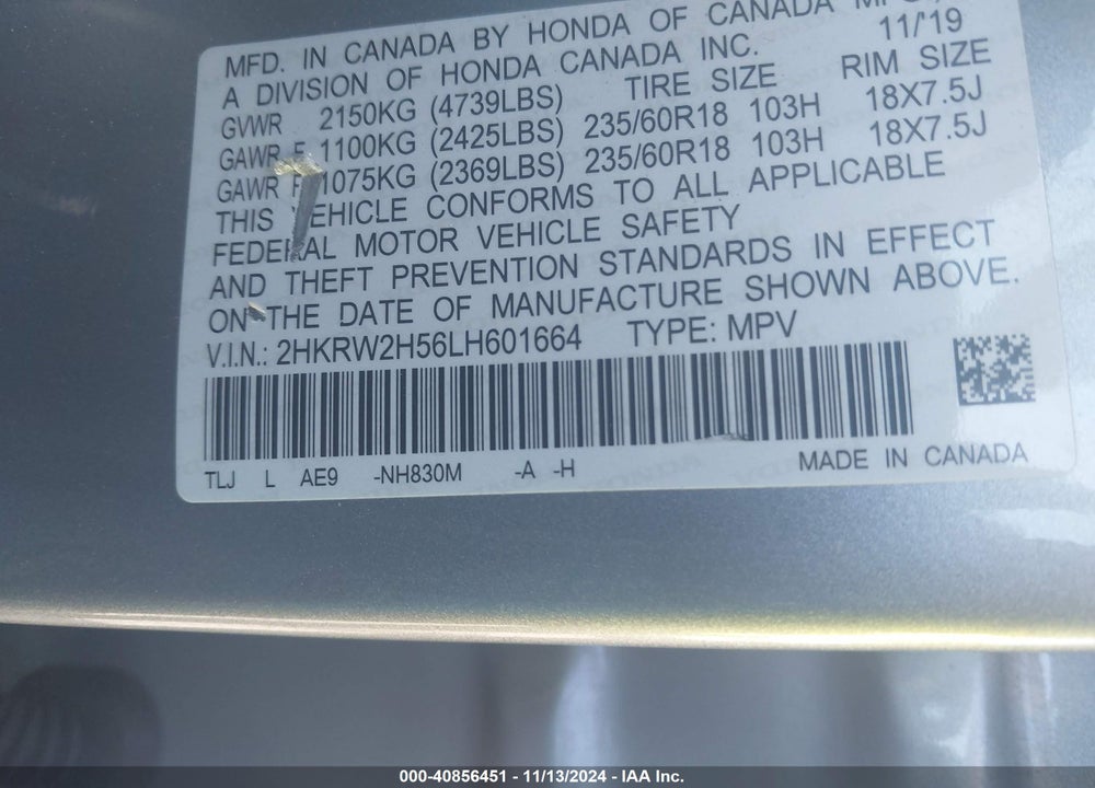2020 HONDA CR-V AWD EX VIN: 2HKRW2H56LH601664