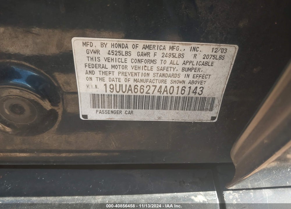 2004 ACURA TL VIN: 19UUA66274A016143