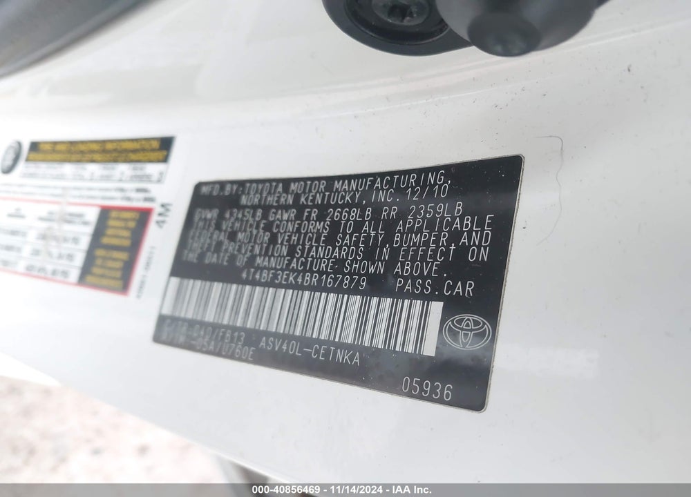 2011 TOYOTA CAMRY LE VIN: 4T4BF3EK4BR167879