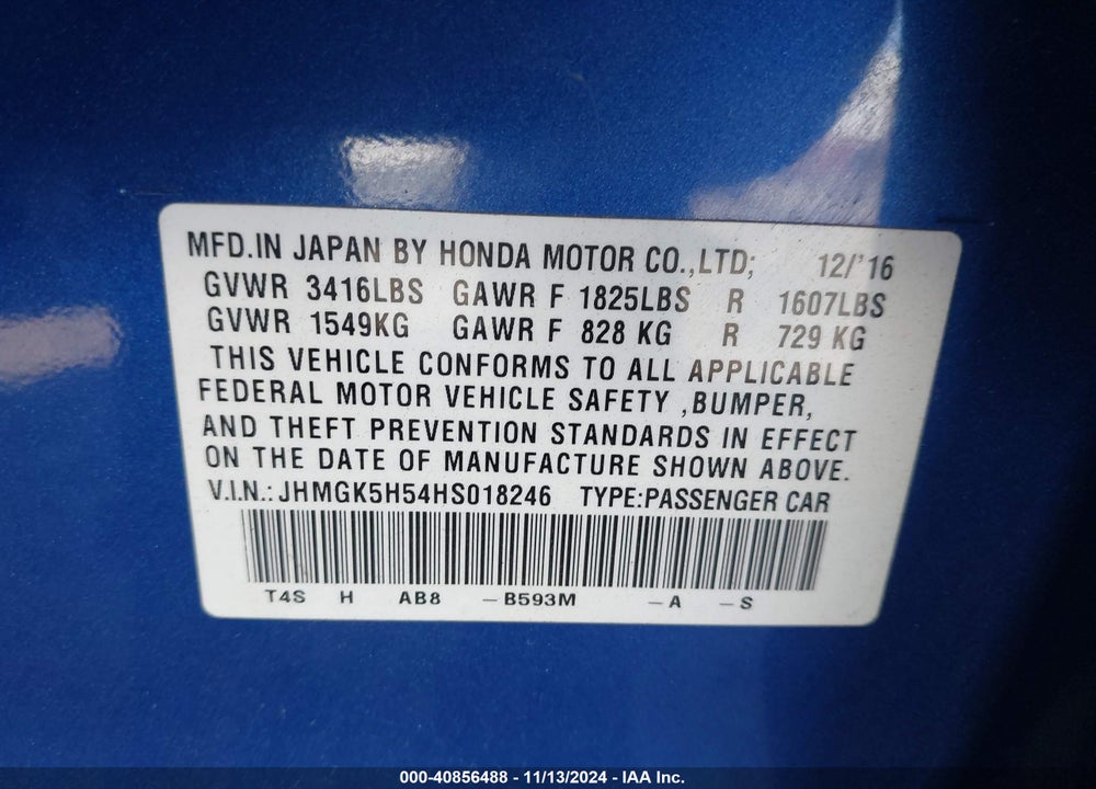 2017 HONDA FIT LX VIN: JHMGK5H54HS018246