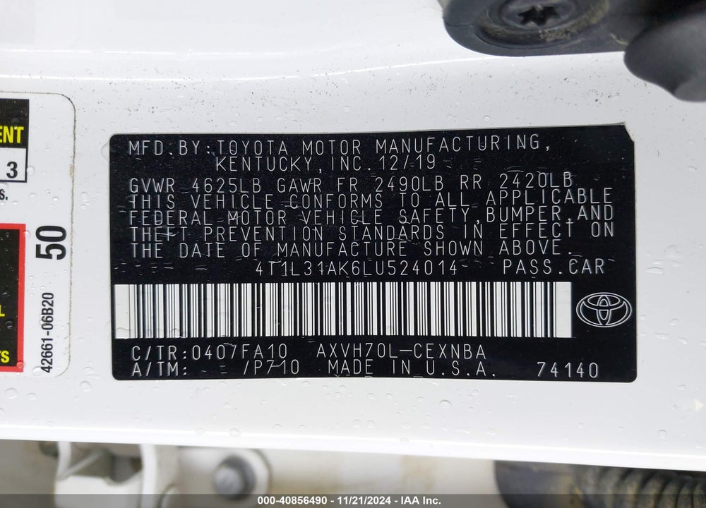 2020 TOYOTA CAMRY VIN: 4T1L31AK6LU524014
