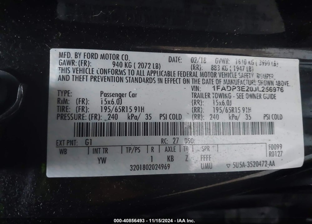 2018 FORD FOCUS S VIN: 1FADP3E20JL256976