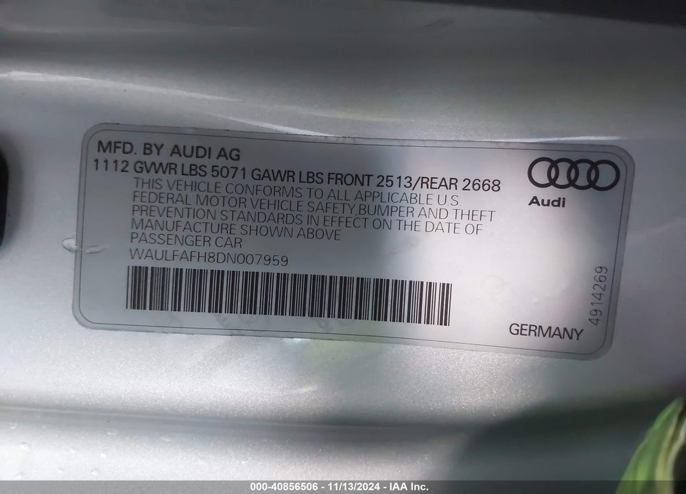 2013 AUDI A5 2.0T PREMIUM VIN: WAULFAFH8DN007959