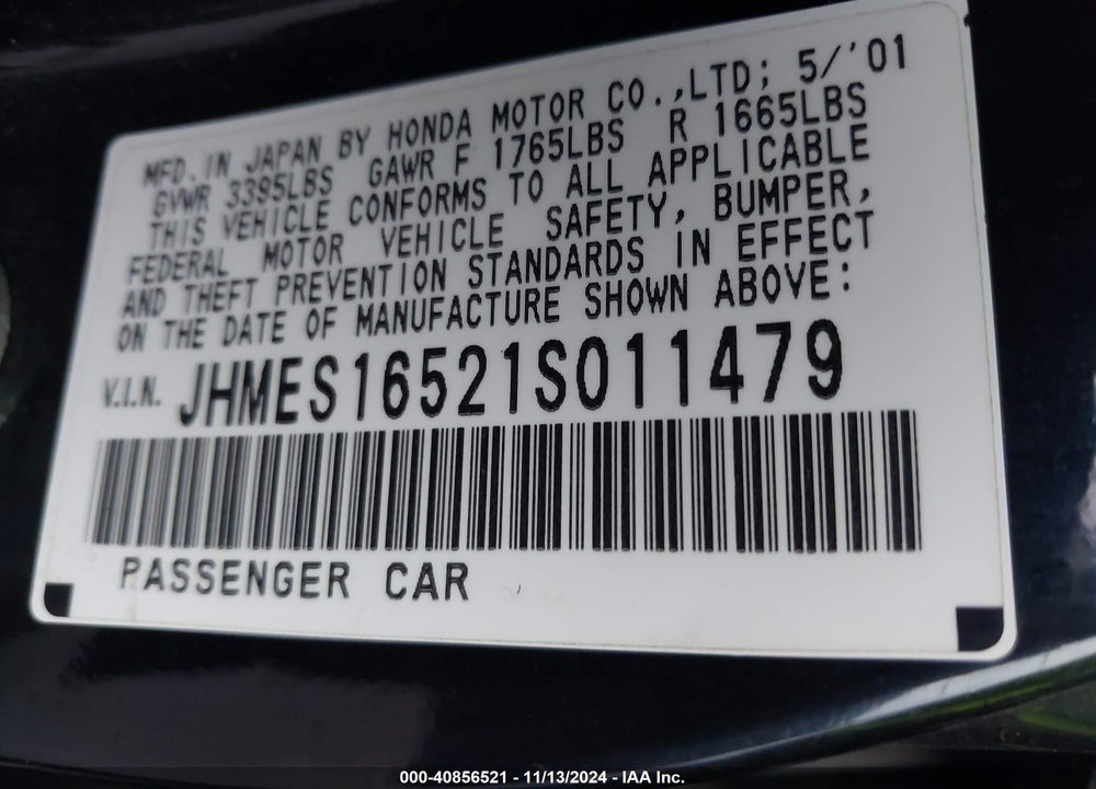 2001 HONDA CIVIC LX VIN: JHMES16521S011479