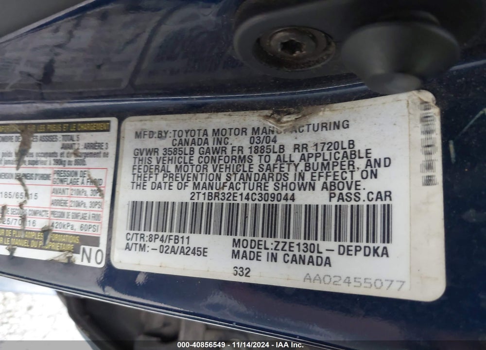 2004 TOYOTA COROLLA CE VIN: 2T1BR32E14C309044