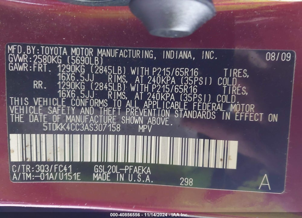 2010 TOYOTA SIENNA LE VIN: 5TDKK4CC3AS307158