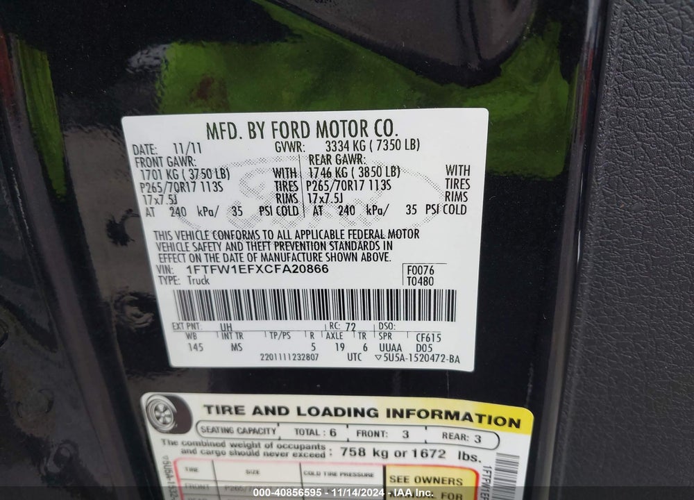 2012 FORD F-150 XLT VIN: 1FTFW1EFXCFA20866