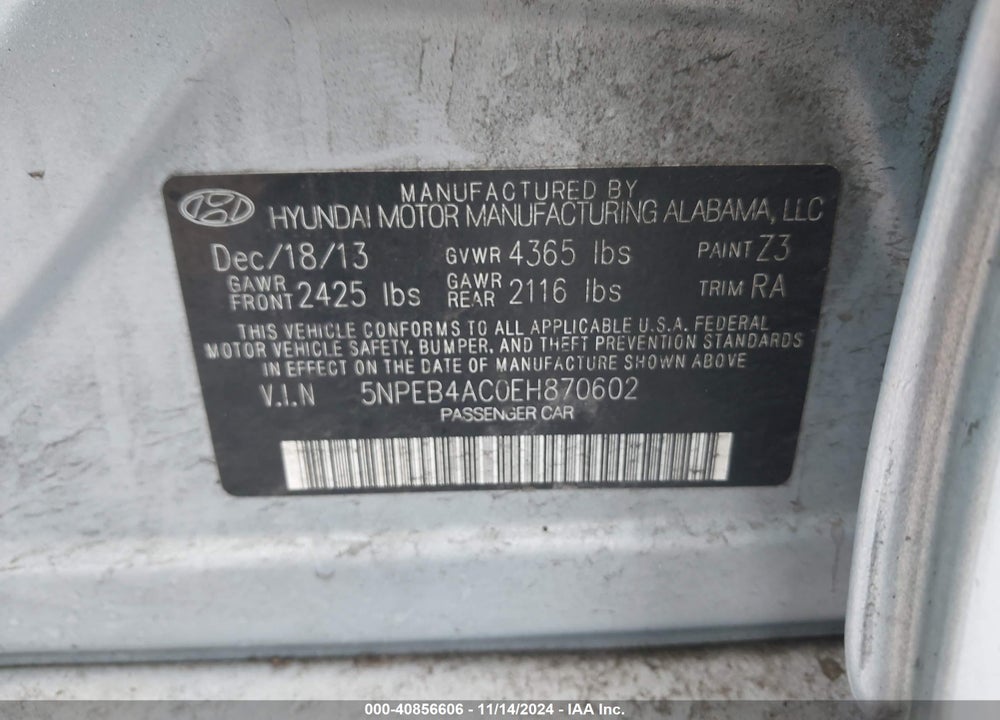 2014 HYUNDAI SONATA GLS VIN: 5NPEB4AC0EH870602