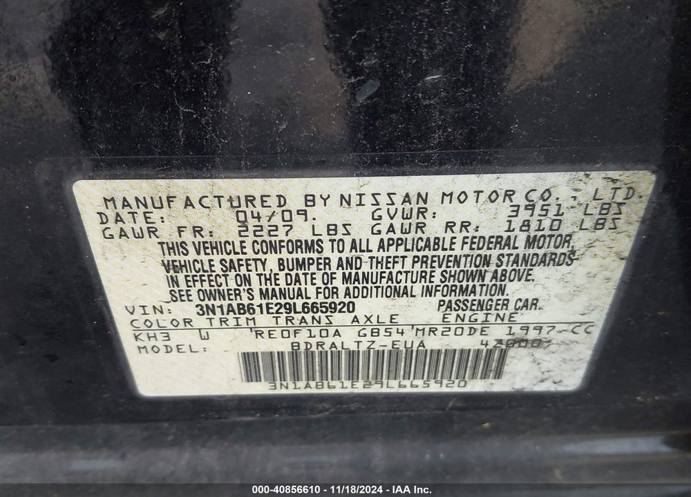 2009 NISSAN SENTRA 2.0S VIN: 3N1AB61E29L665920