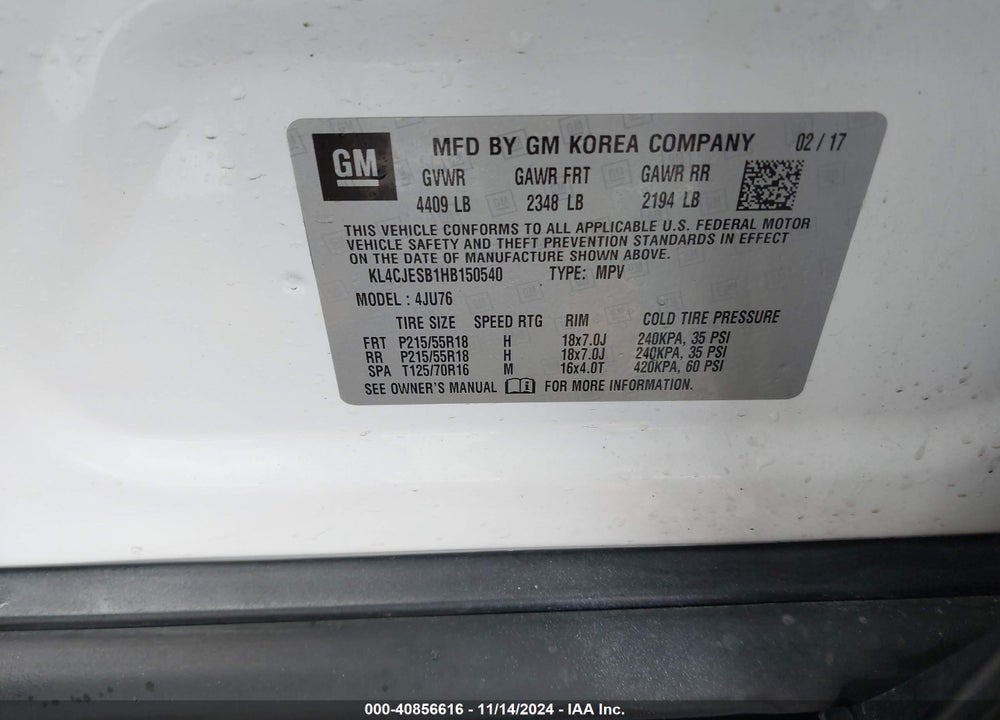2017 BUICK ENCORE VIN: KL4CJESB1HB150540