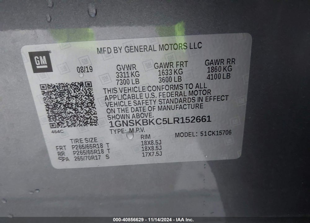 2020 CHEVROLET TAHOE 4WD LT VIN: 1GNSKBKC5LR152661