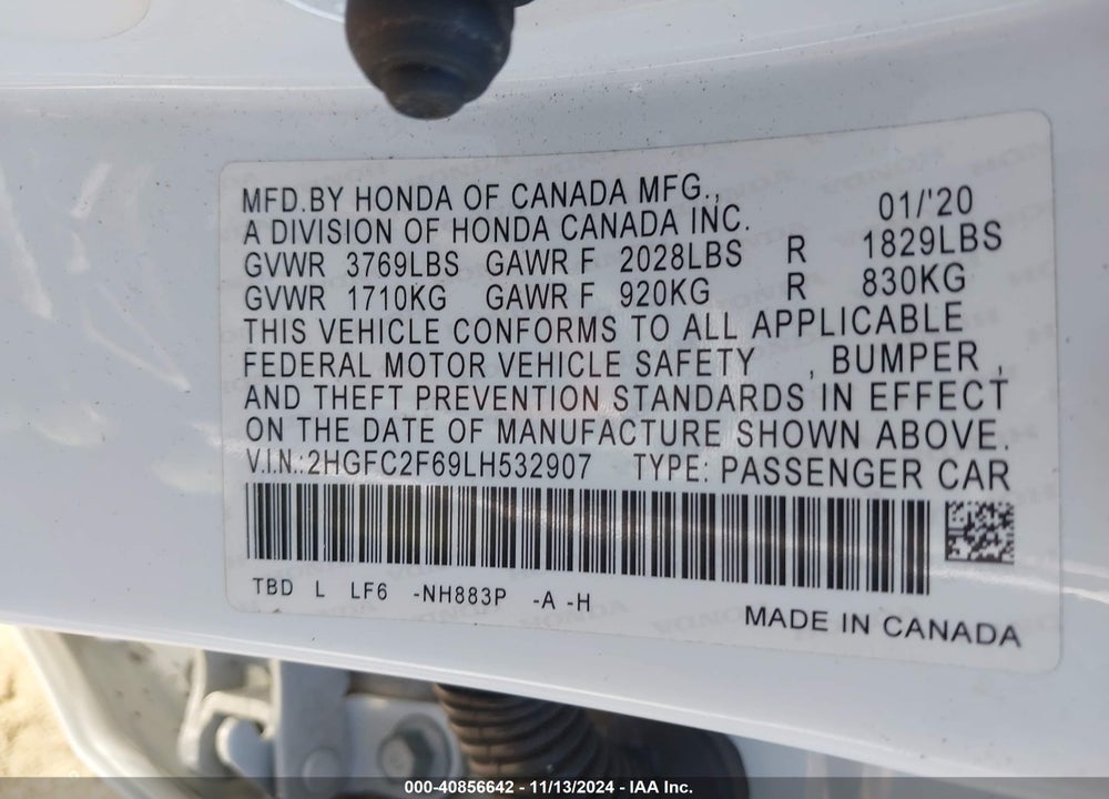 2020 HONDA CIVIC LX VIN: 2HGFC2F69LH532907