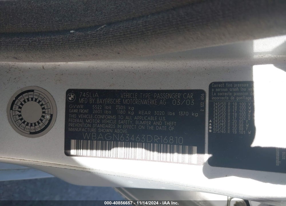 2003 BMW 745LI VIN: WBAGN63463DR16810