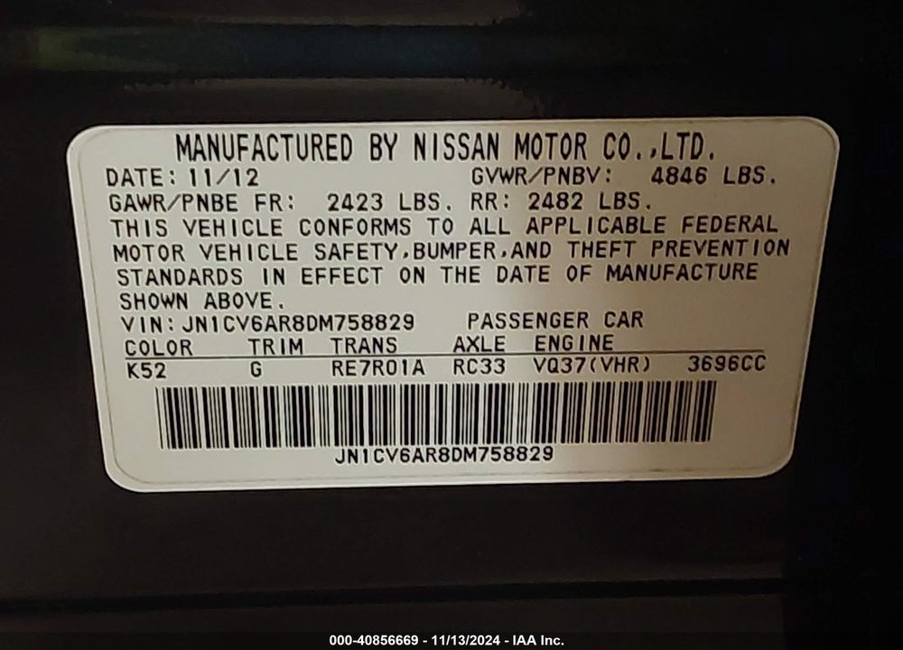 2013 INFINITI G37X VIN: JN1CV6AR8DM758829