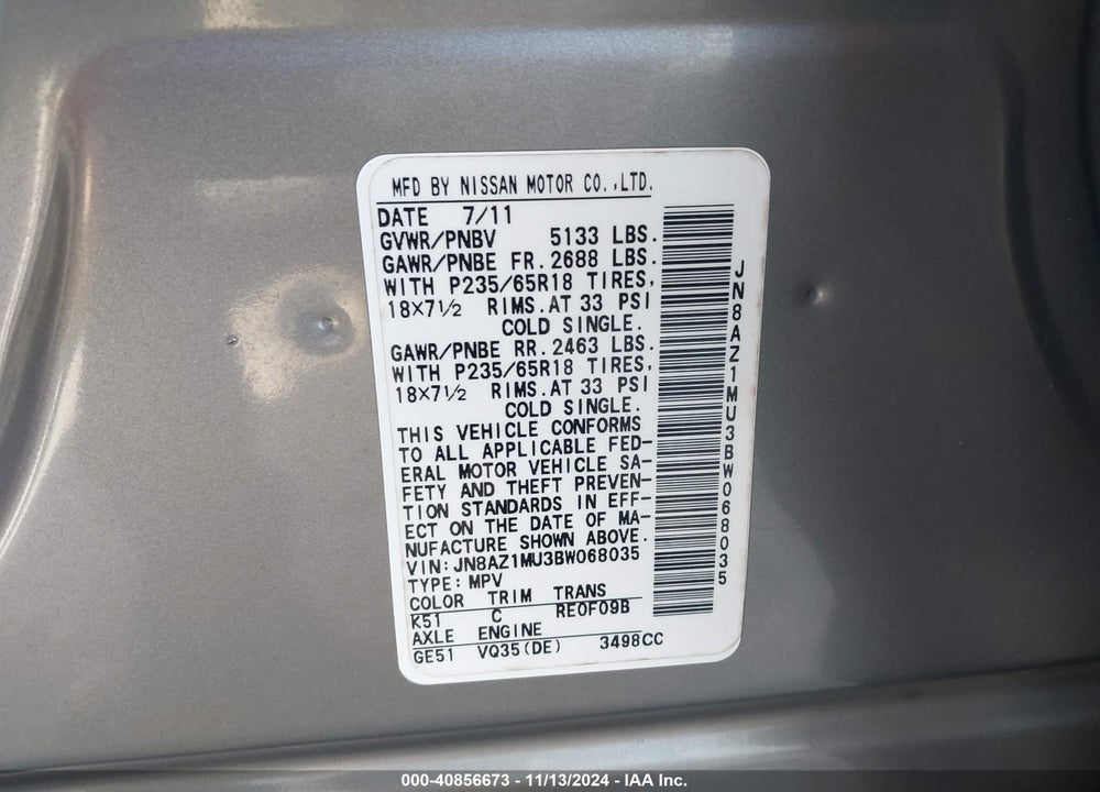 2011 NISSAN MURANO SL VIN: JN8AZ1MU3BW068035