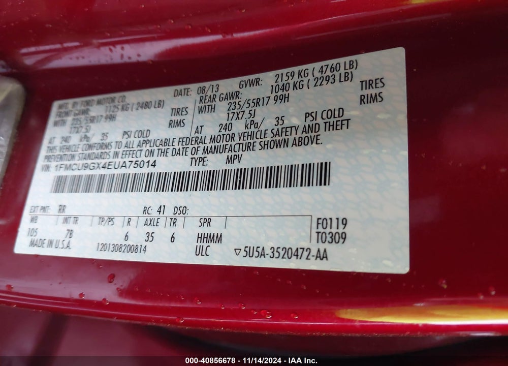 2014 FORD ESCAPE SE VIN: 1FMCU9GX4EUA75014