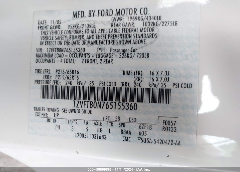 2006 FORD MUSTANG V6 VIN: 1ZVFT80N765155360