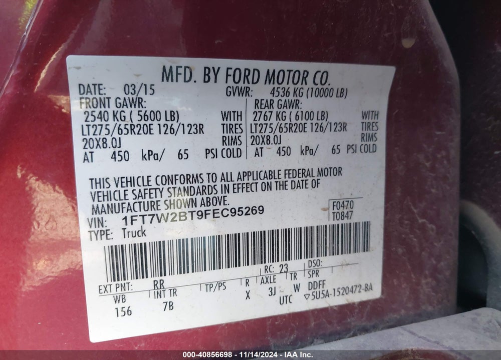2015 FORD F-250 LARIAT VIN: 1FT7W2BT9FEC95269