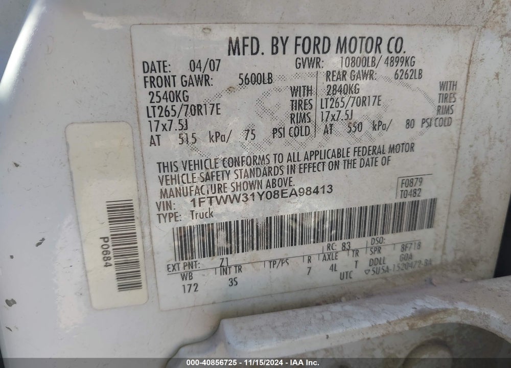 2008 HARLEY-DAVIDSON FORD F-350 FX4//KING RANCH/LARIAT/XL/XLT VIN: 1FTWW31Y08EA98413