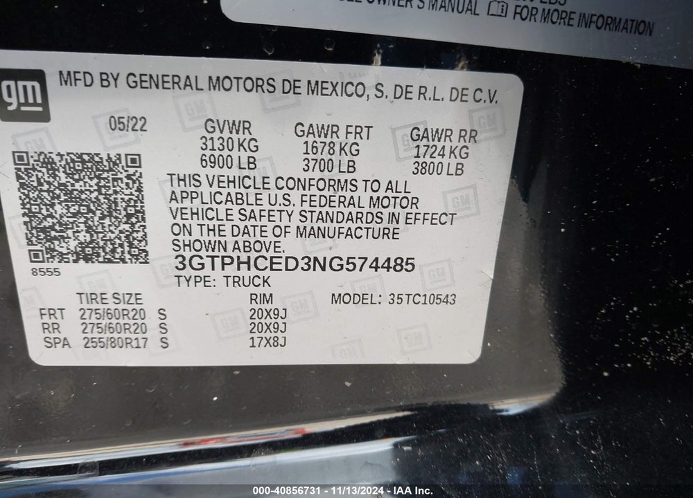 2022 GMC SIERRA 1500 VIN: 3GTPHCED3NG574485