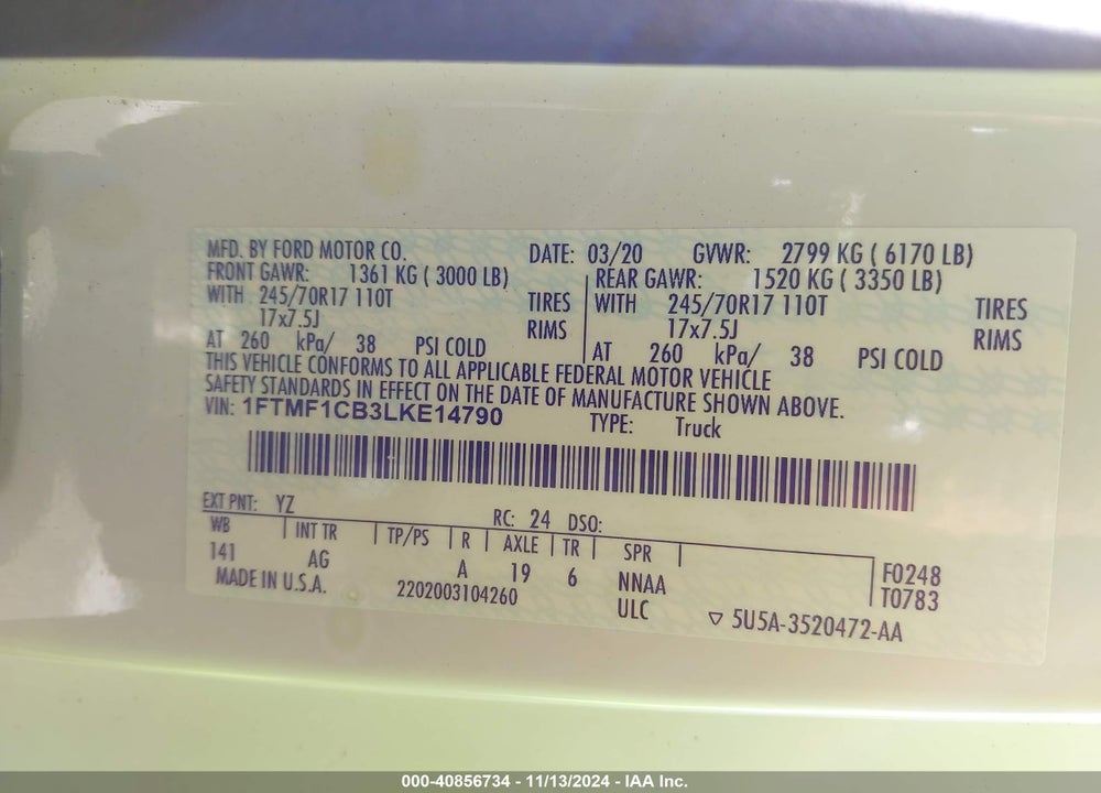 2020 FORD F-150 VIN: 1FTMF1CB3LKE14790