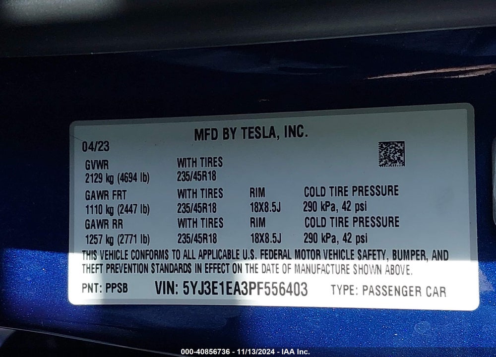 2023 TESLA MODEL 3 REAR-WHEEL DRIVE VIN: 5YJ3E1EA3PF556403