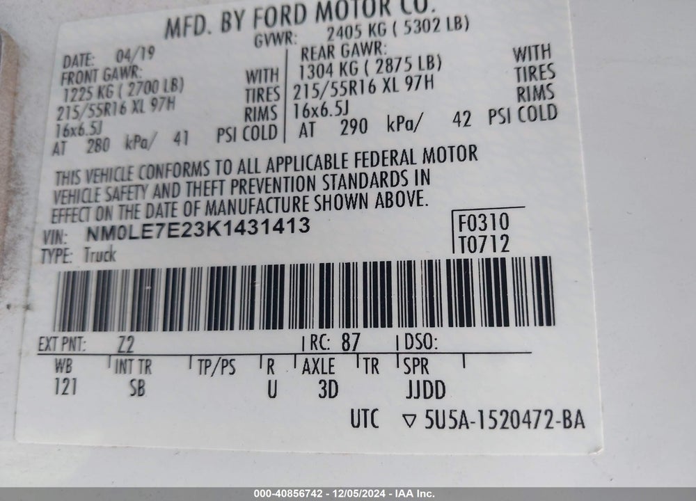 2019 FORD TRANSIT CONNECT XL VIN: NM0LE7E23K1431413
