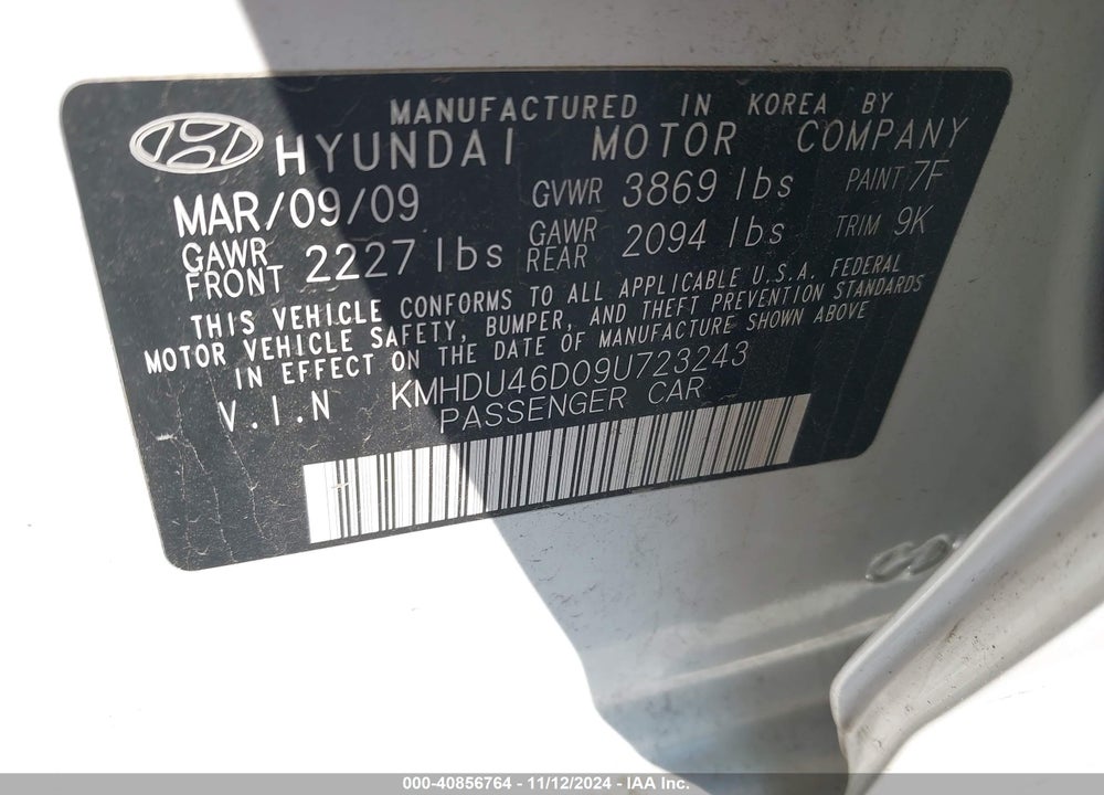 2009 HYUNDAI ELANTRA GLS VIN: KMHDU46D09U723243