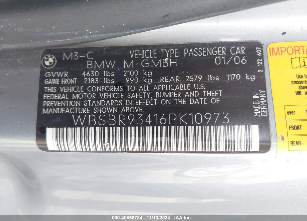 2006 BMW M3 VIN: WBSBR93416PK10973