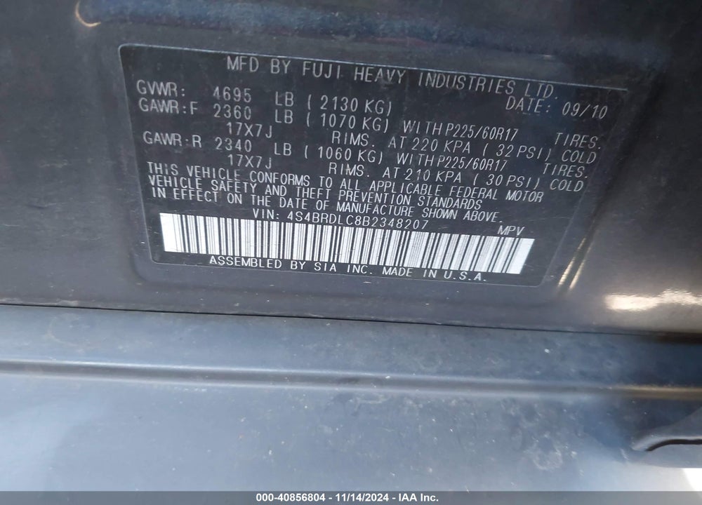 2011 SUBARU OUTBACK 3.6R LIMITED VIN: 4S4BRDLC8B2348207