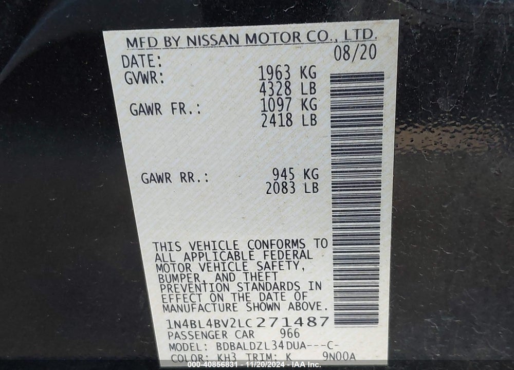 2020 NISSAN ALTIMA S FWD VIN: 1N4BL4BV2LC271487