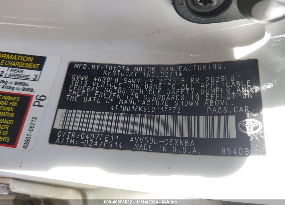 2014 TOYOTA CAMRY HYBRID LE VIN: 4T1BD1FK8EU117672