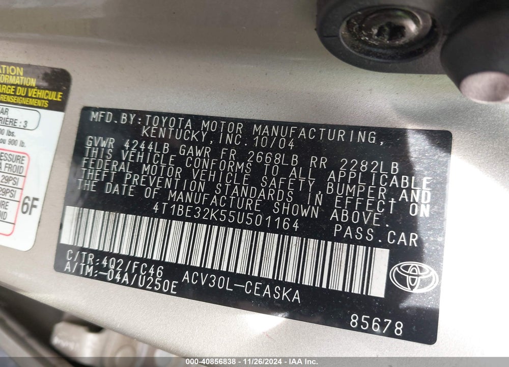 2005 TOYOTA CAMRY SE VIN: 4T1BE32K55U501164