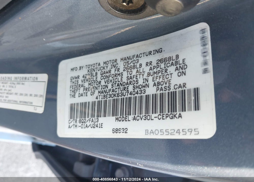2003 TOYOTA CAMRY XLE VIN: 4T1BE30K63U740433