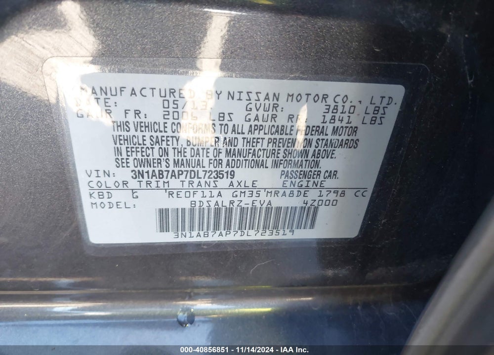 2013 NISSAN SENTRA SR VIN: 3N1AB7AP7DL723519