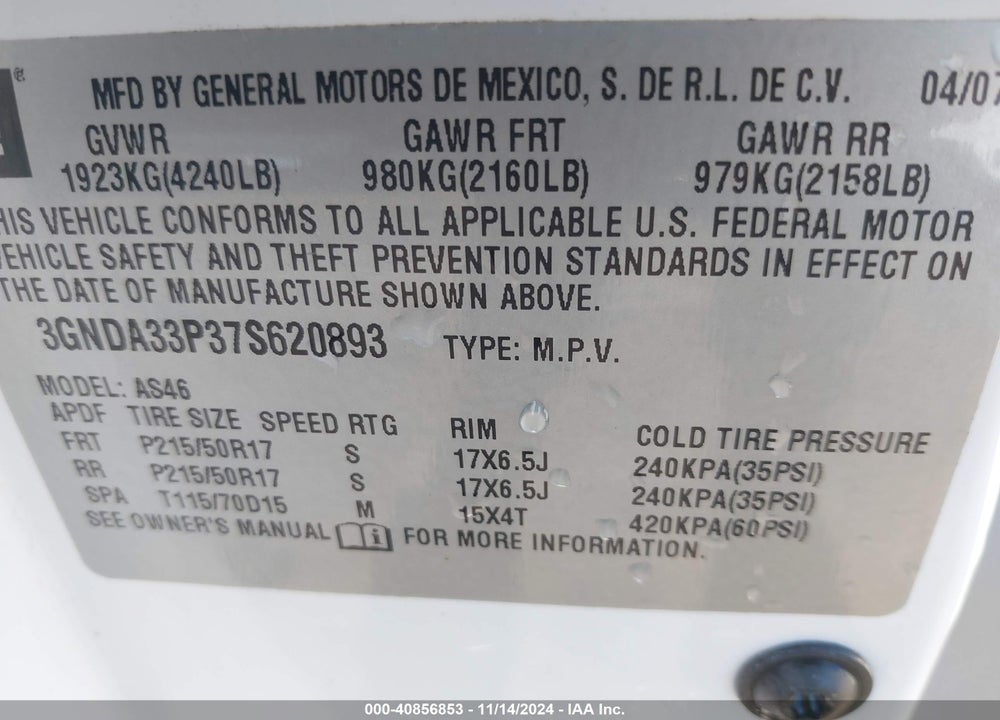 2007 CHEVROLET HHR LT VIN: 3GNDA33P37S620893