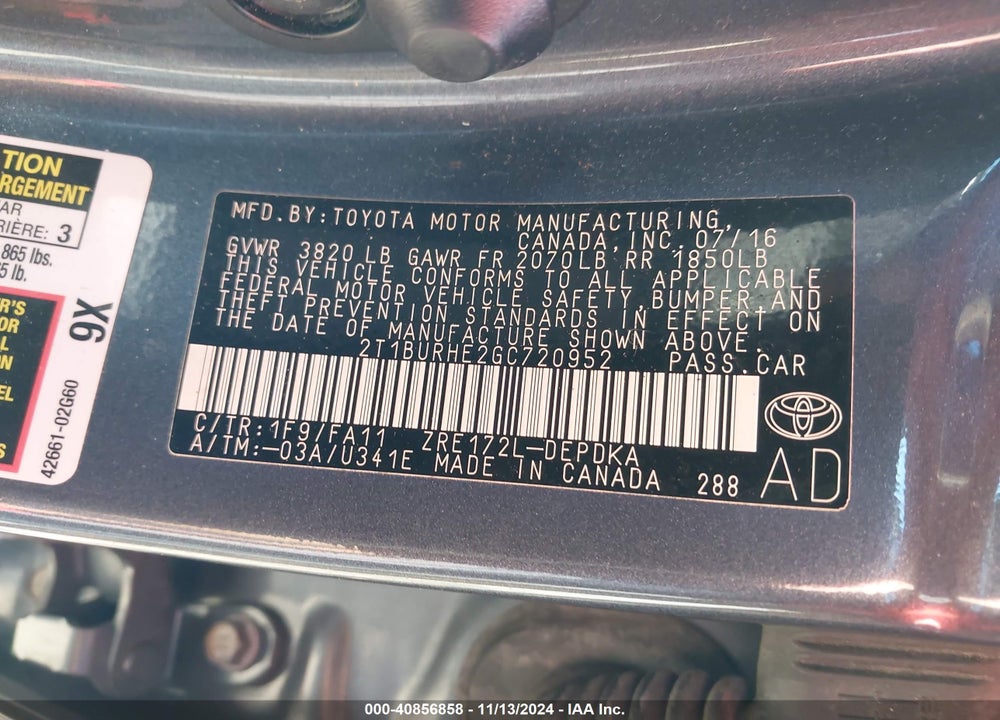 2016 TOYOTA COROLLA L VIN: 2T1BURHE2GC720952