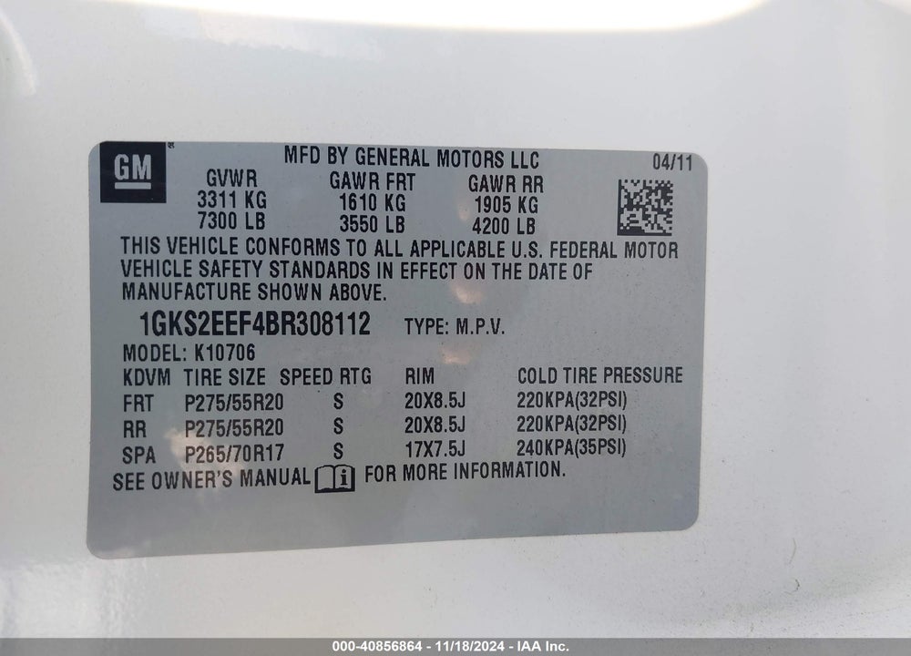 2011 GMC YUKON DENALI VIN: 1GKS2EEF4BR308112
