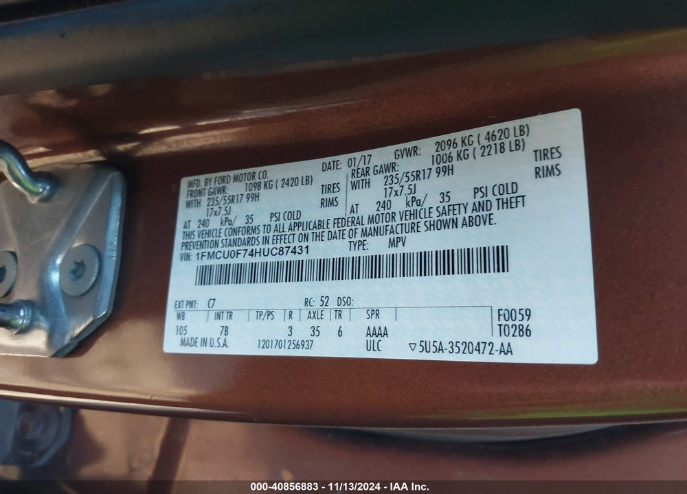 2017 FORD ESCAPE S VIN: 1FMCU0F74HUC87431