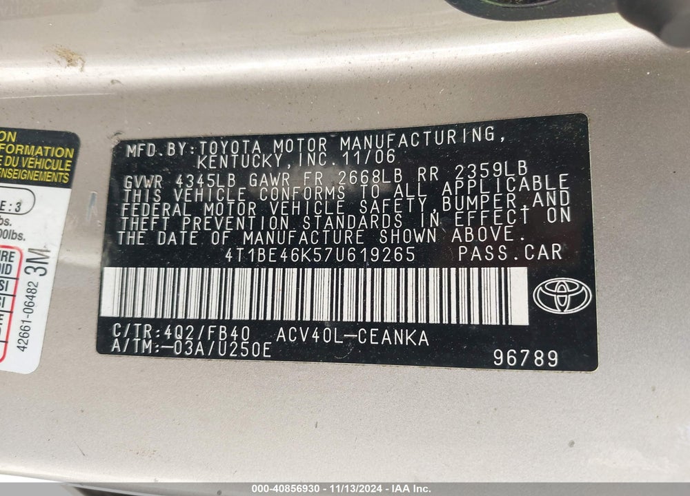 2007 TOYOTA CAMRY LE VIN: 4T1BE46K57U619265