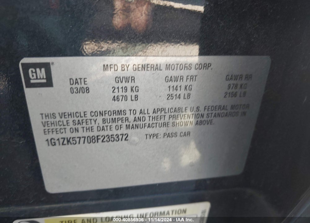 2008 CHEVROLET MALIBU LTZ VIN: 1G1ZK57708F235372