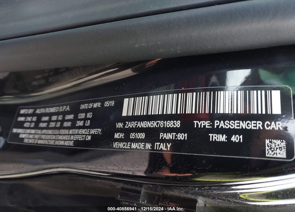 2019 ALFA ROMEO GIULIA VIN: ZARFANBN5K7616838