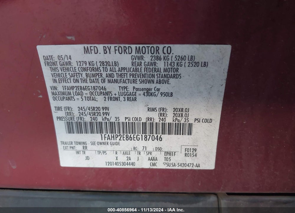 2014 FORD TAURUS SEL VIN: 1FAHP2E86EG187046