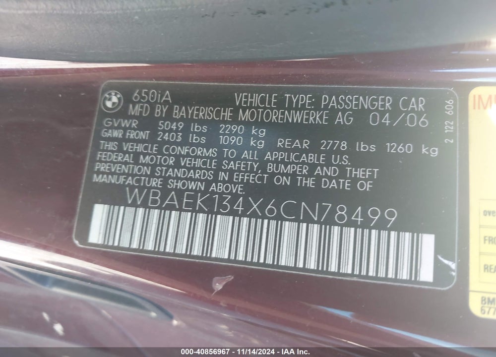 2006 BMW 650I VIN: WBAEK134X6CN78499
