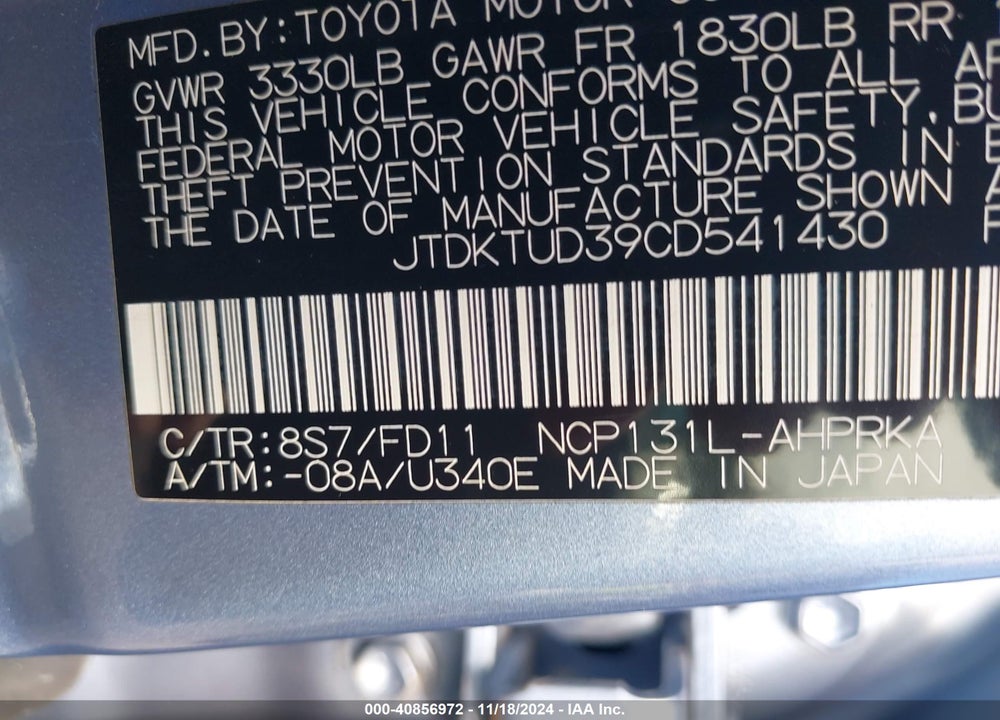 2012 TOYOTA YARIS SE VIN: JTDKTUD39CD541430