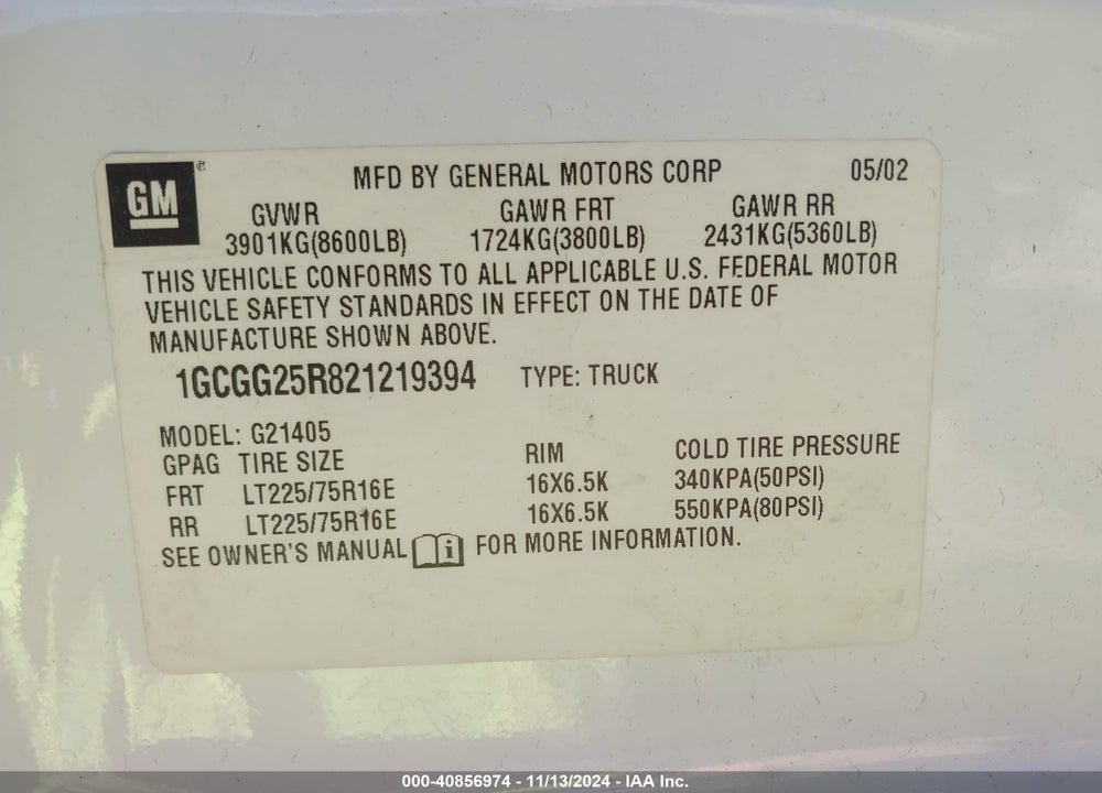 2002 CHEVROLET EXPRESS VIN: 1GCGG25R821219394