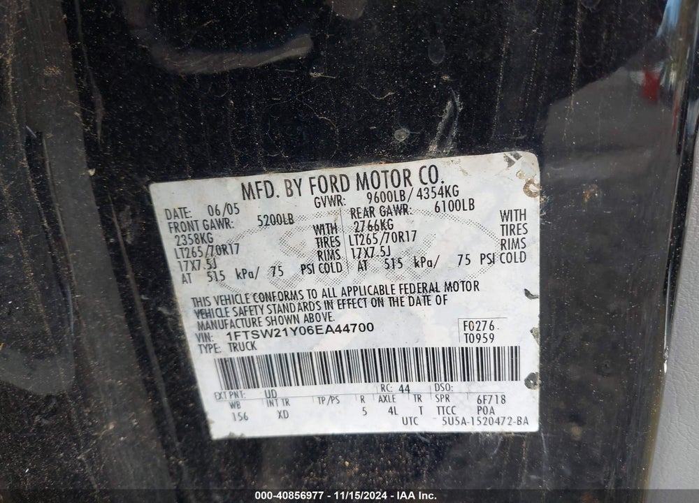 2006 FORD F-250 LARIAT/XL/XLT VIN: 1FTSW21Y06EA44700