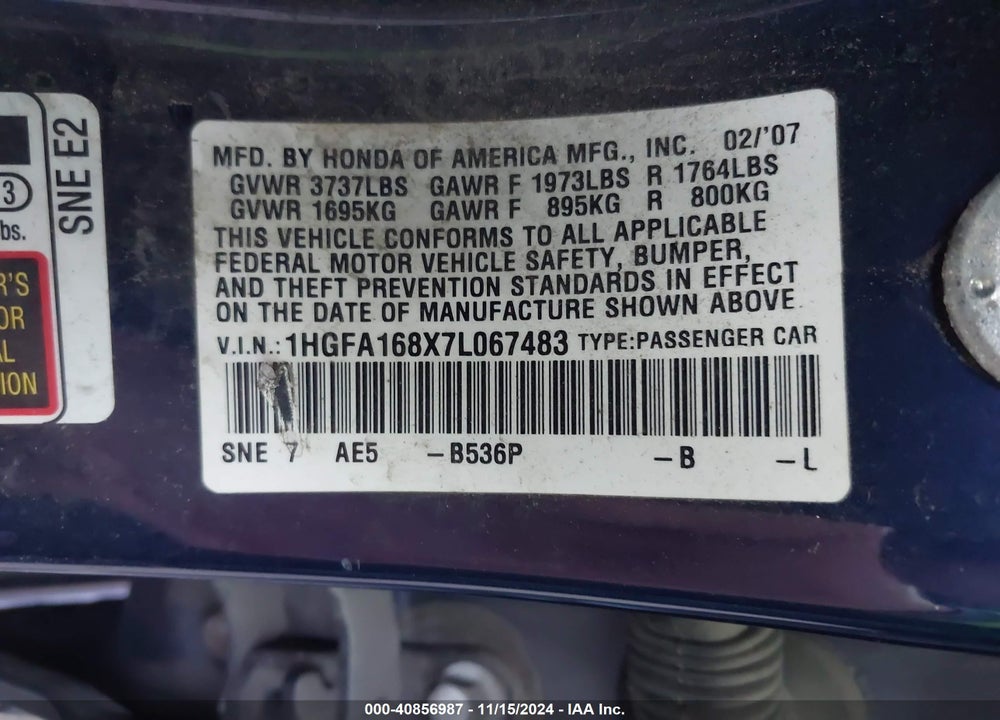 2007 HONDA CIVIC EX VIN: 1HGFA168X7L067483