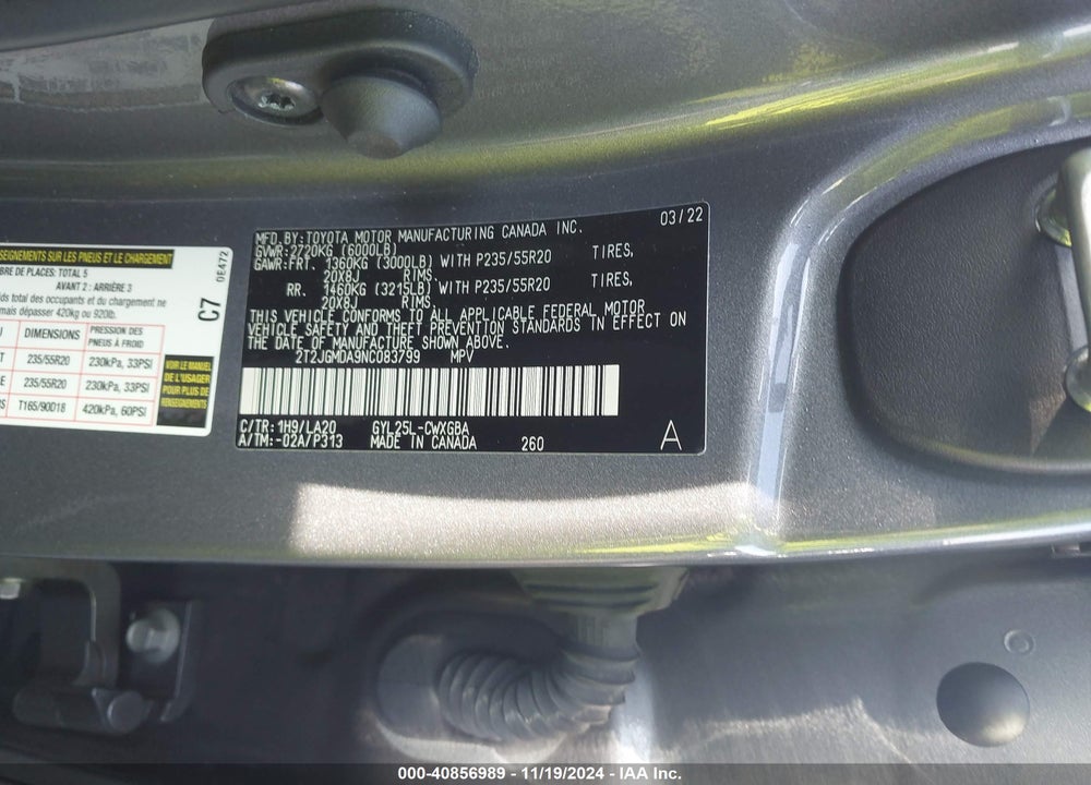 2022 LEXUS RX 450H VIN: 2T2JGMDA9NC083799