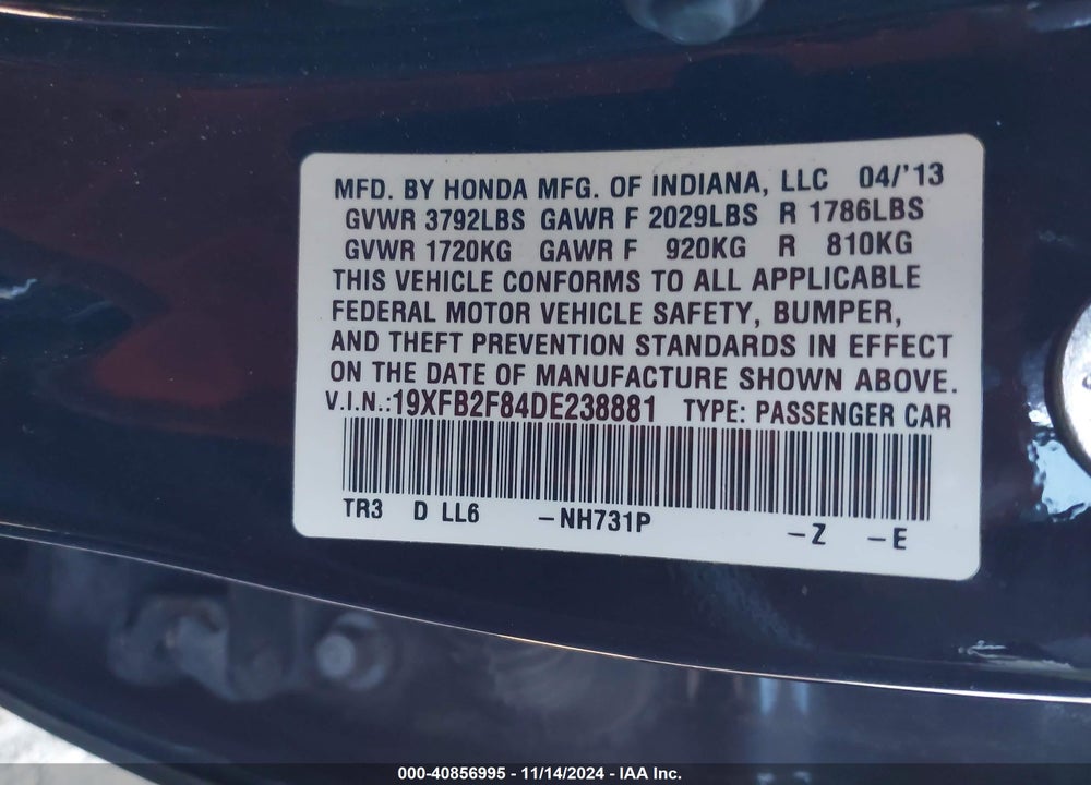 2013 HONDA CIVIC EX VIN: 19XFB2F84DE238881